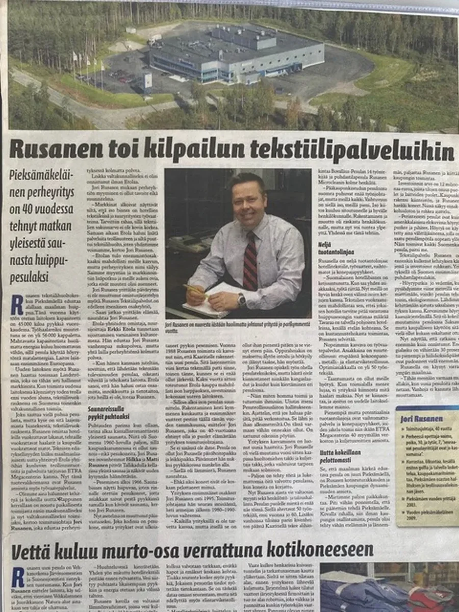 Newspaper article headlined Rusanen brought competition to textile services