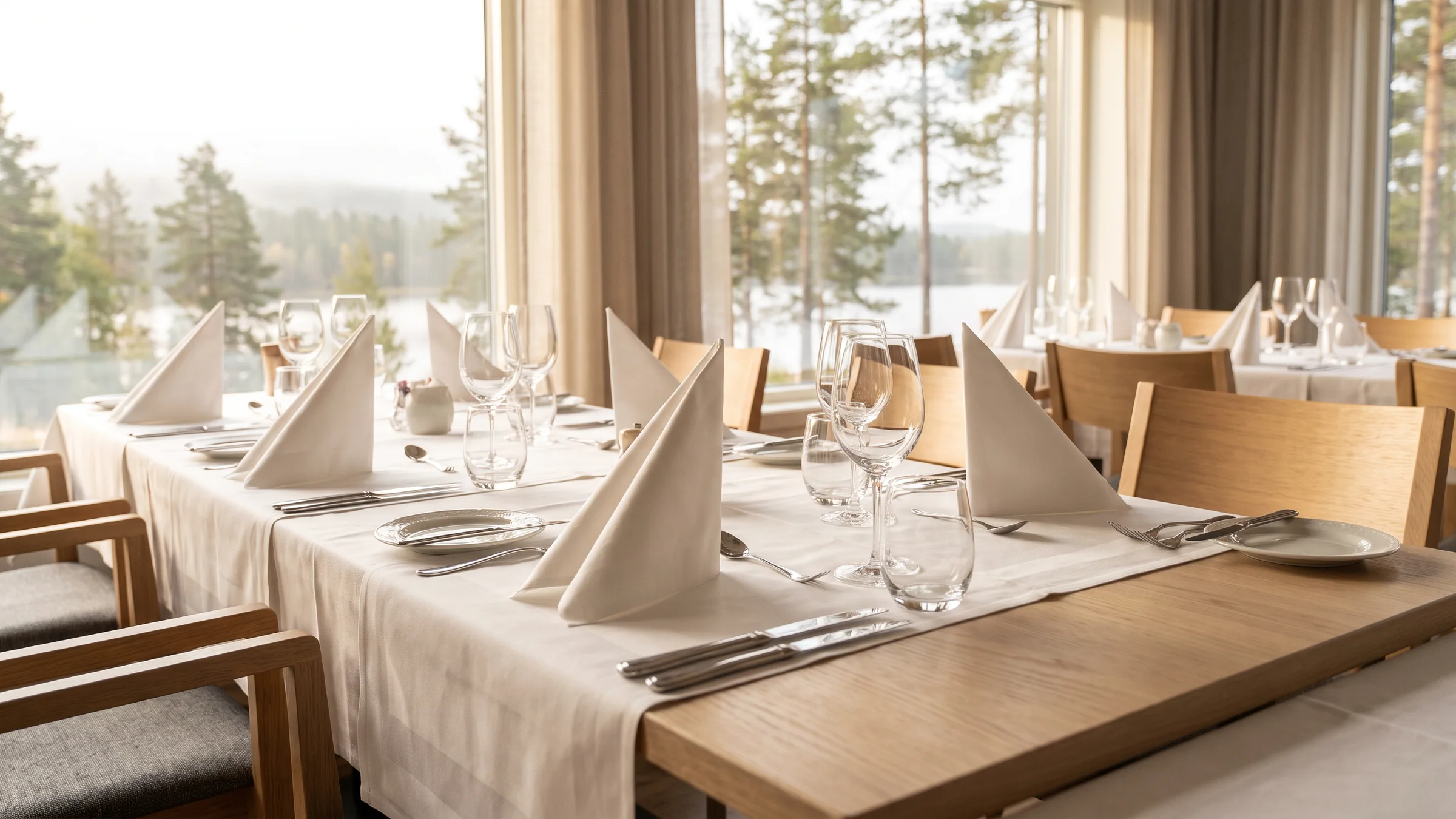 Laid restaurant table with linen and napkins