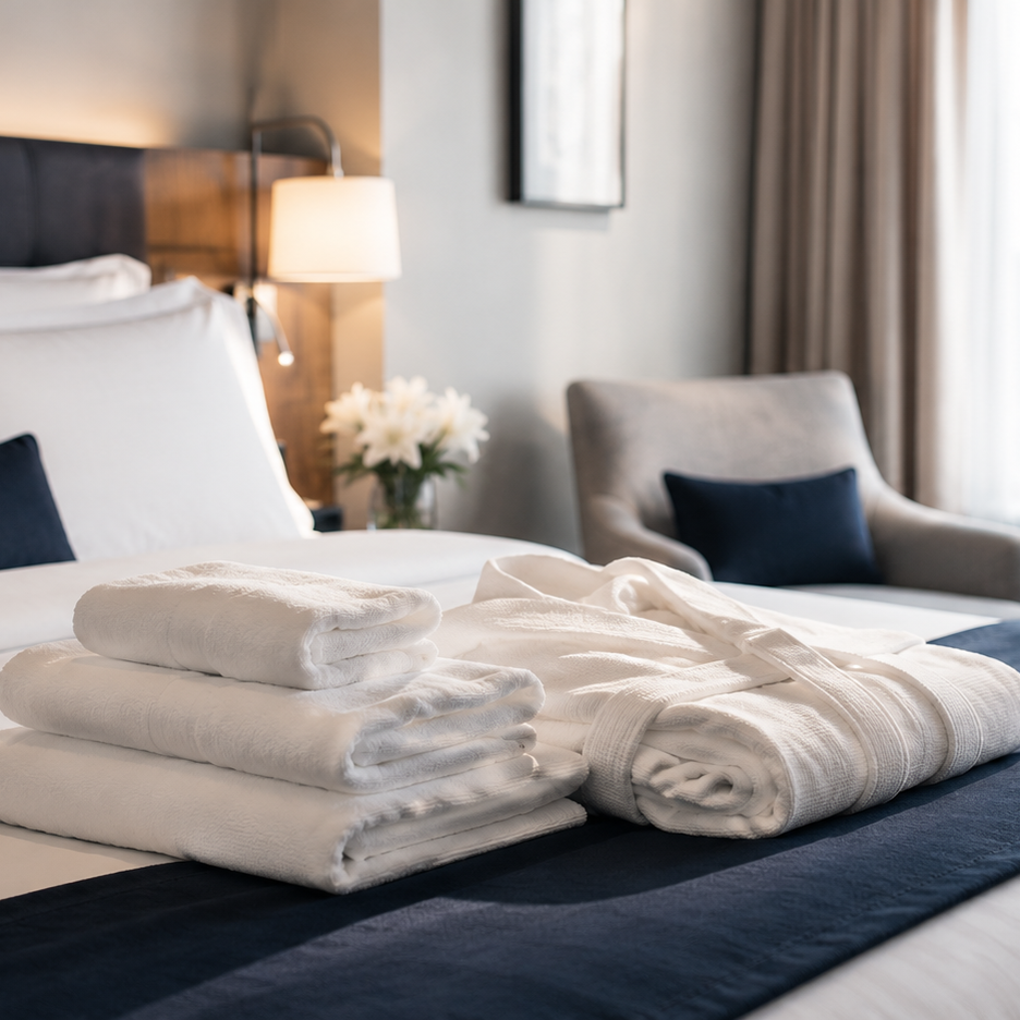 Hotellihuoneen sängylle asetellut valkoiset hotellitekstiilit ja pyyhkeet.